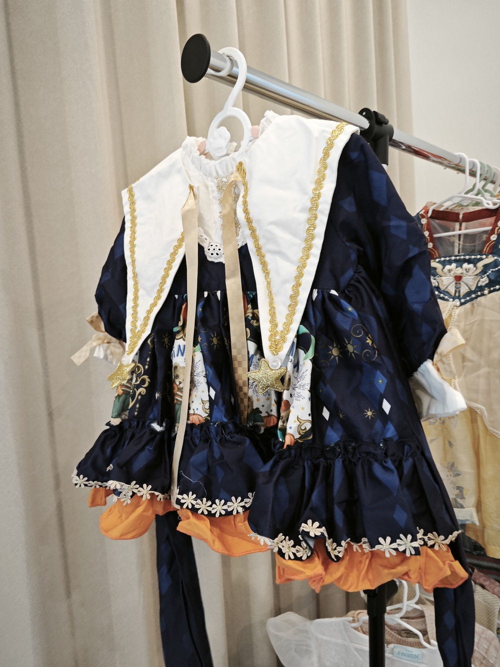 Navy and Orange Star-Print Girls' Costume Dress with White Collar